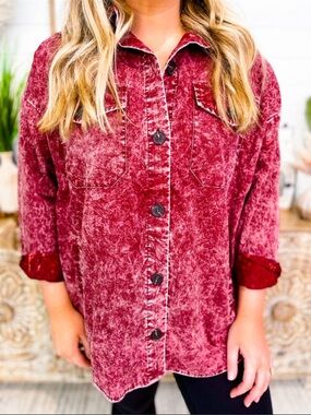 Washed Burgundy Button-Front Jean Jacket